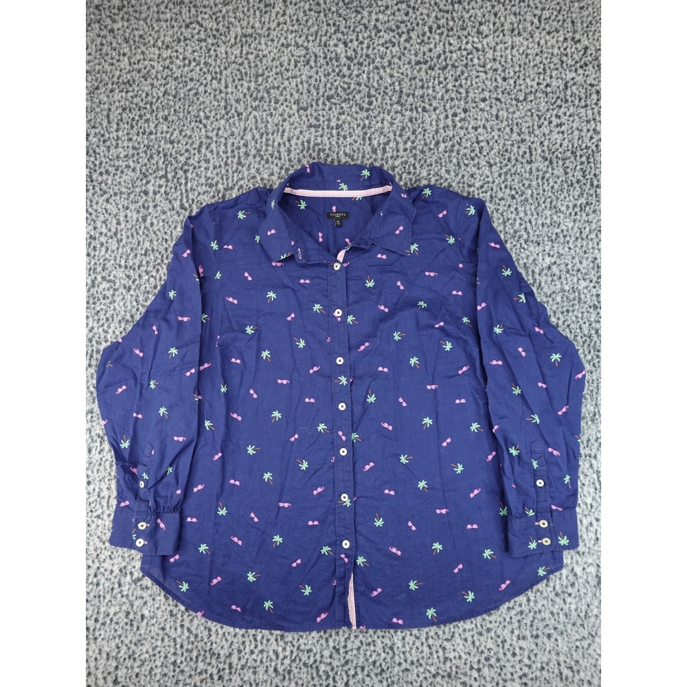 Talbots Button Front Shirt Woman 2X Navy Palm Tree Sunglasses Cotton Top